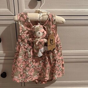 Rabbit & Bear Pink Floral Baby Bib with Bear Accessory